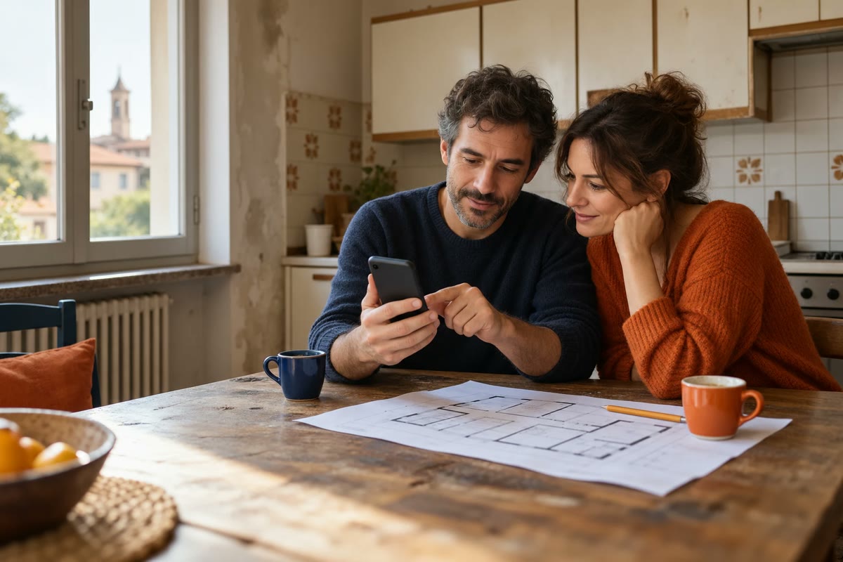 Una coppia in una cucina da ristrutturare cerca un'impresa sul telefono