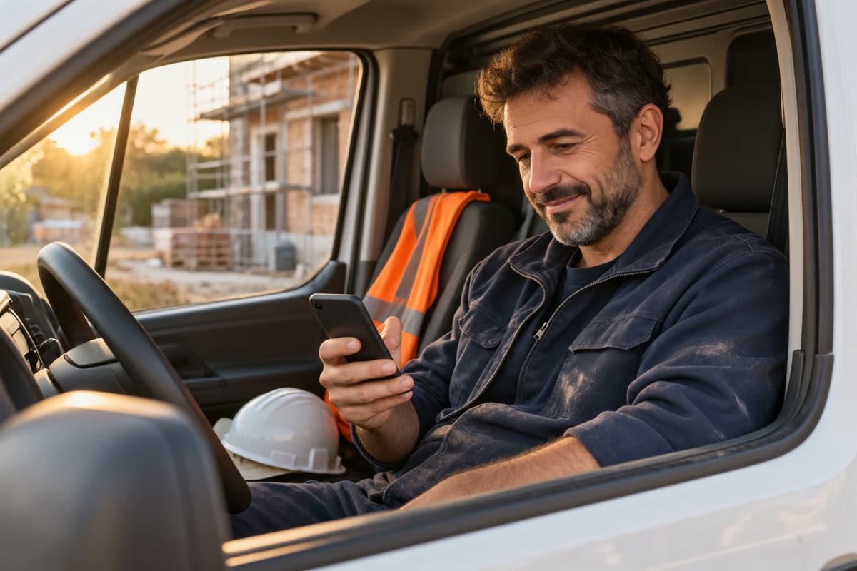 Un titolare d'impresa risponde a un cliente dal telefono, seduto nel furgone davanti al cantiere